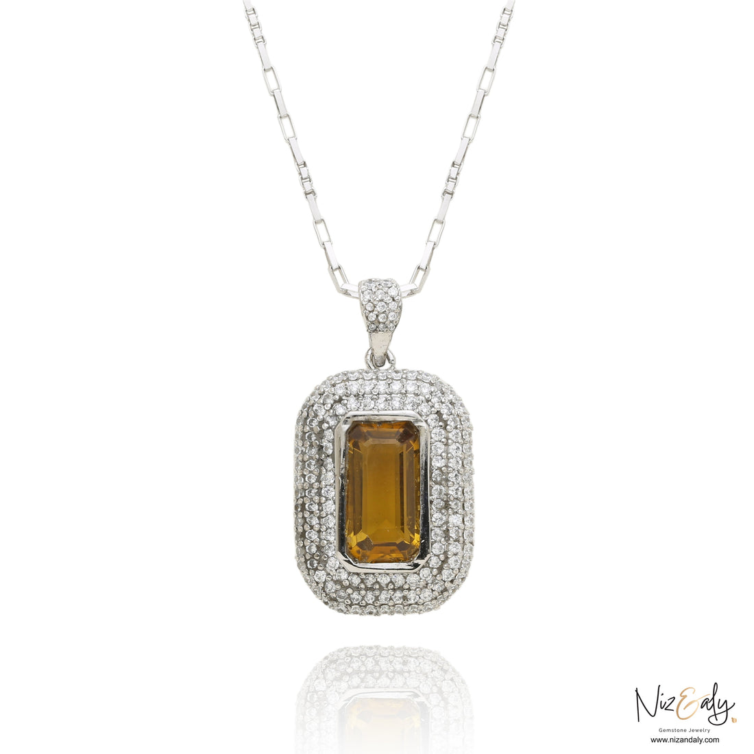 Niz & Aly yellow amethyst pendant necklace featuring an emerald-cut gemstone surrounded by a halo of white diamonds.