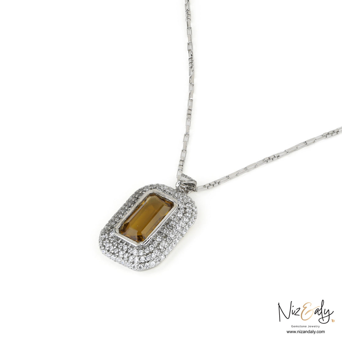 Niz & Aly yellow amethyst pendant necklace featuring a rectangular gemstone surrounded by a halo of sparkling diamonds