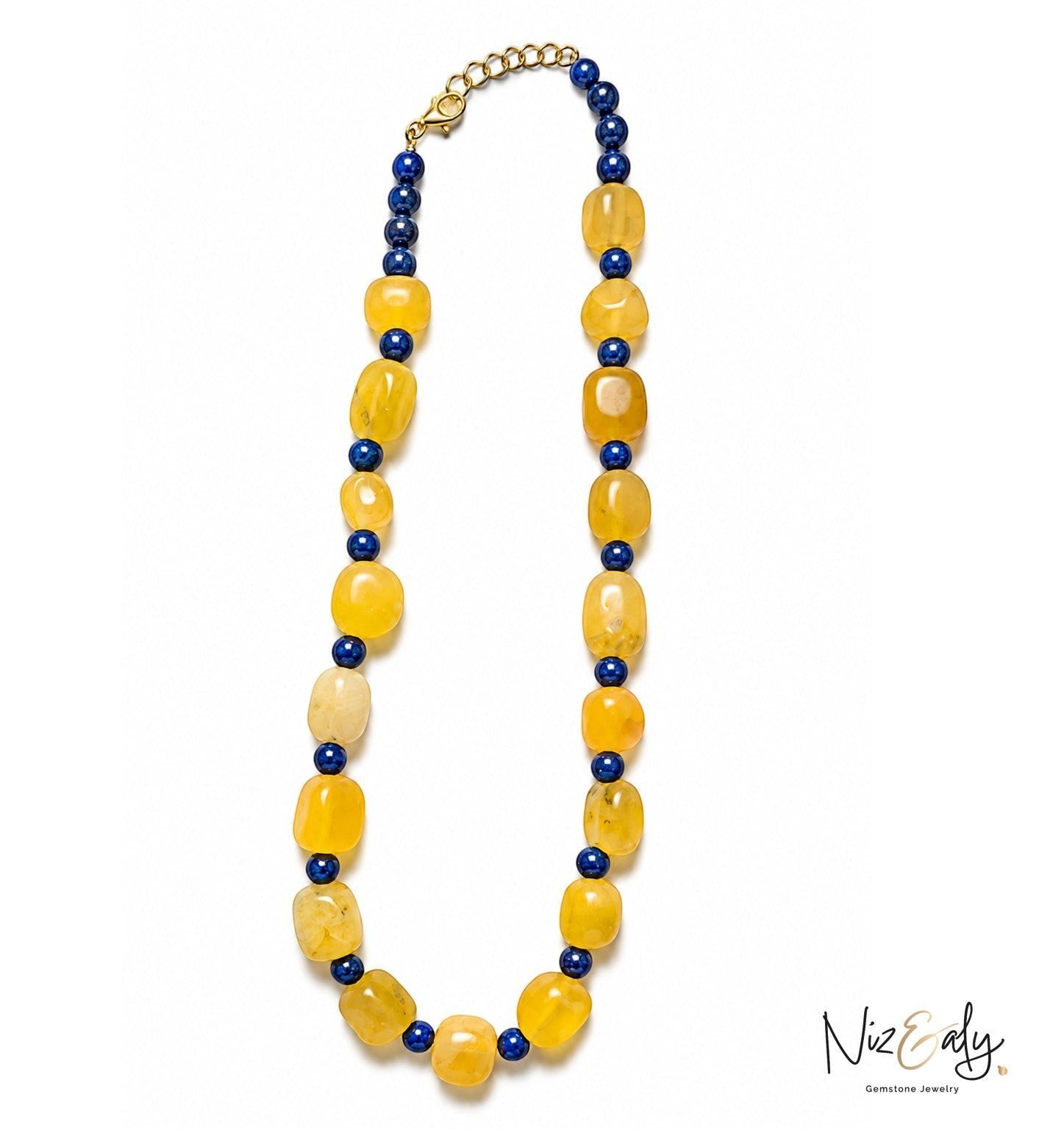 Niz & Aly necklace featuring alternating yellow gemstone nuggets and small blue beads with a gold-tone clasp