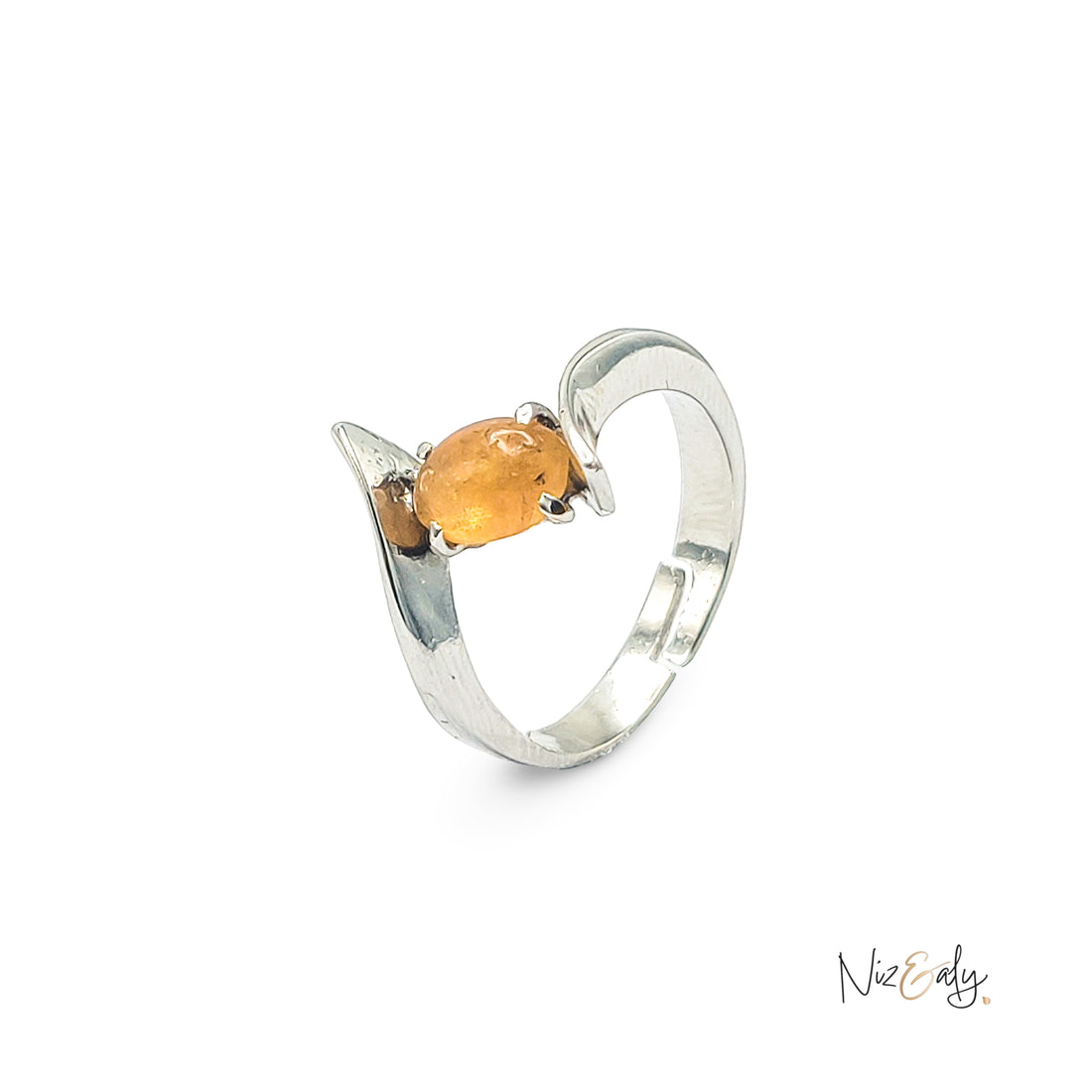 Niz & Aly yellow citrine gemstone ring featuring a modern silver-tone open-bypass adjustable band on a white background