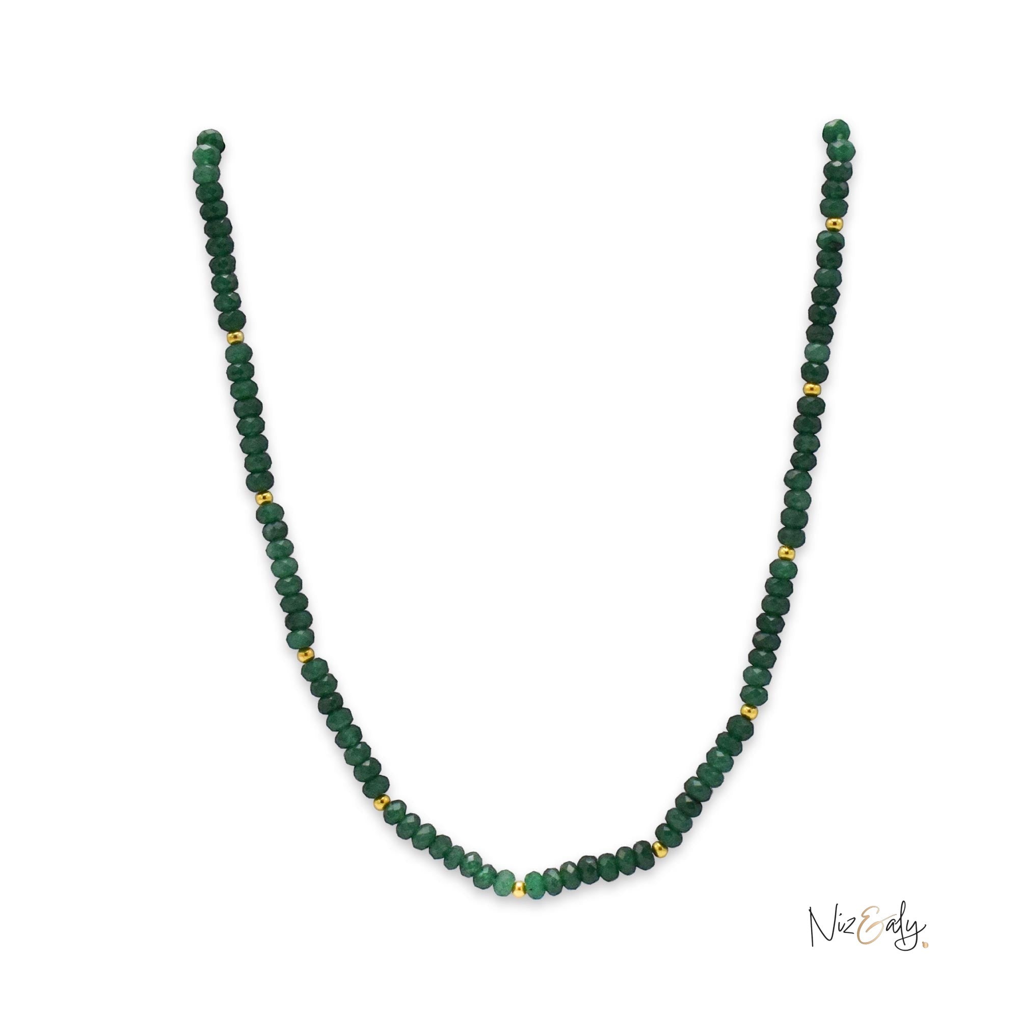 Niz & Aly natural Zambian emerald beaded necklace with faceted rondelle stones and small gold accent beads.