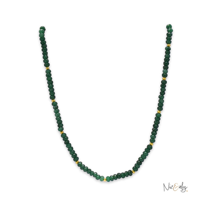 Niz & Aly natural Zambian emerald beaded necklace with faceted rondelle stones and small gold accent beads.