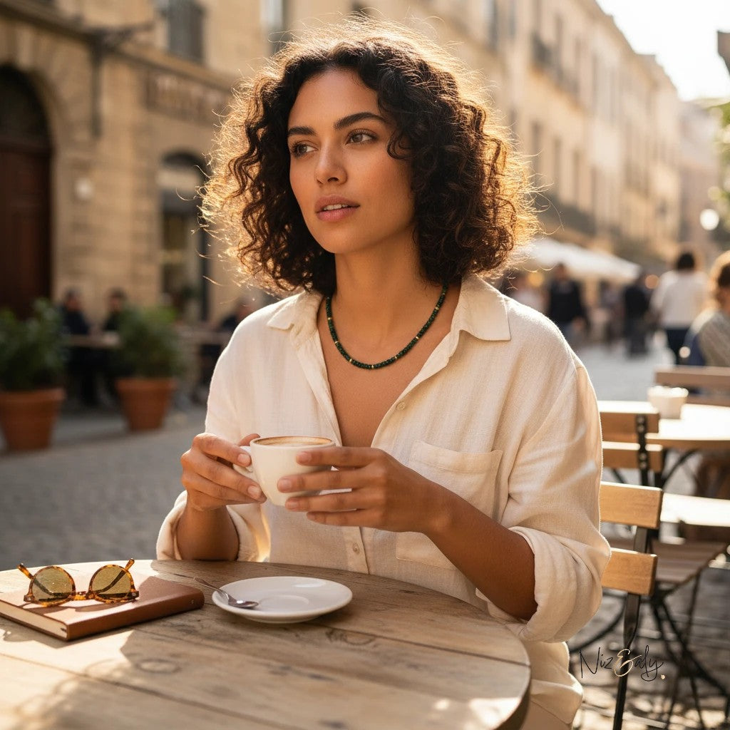 Niz & Aly natural Zambian emerald beaded necklace with golden accents worn by a woman at an outdoor cafe table