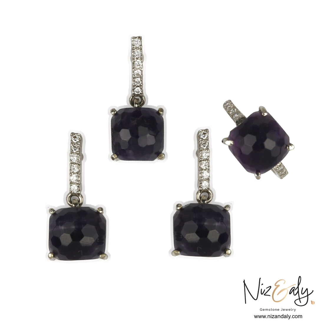 Niz & Aly square dark amethyst pendant and earring set with diamond-accented silver settings on a white background.
