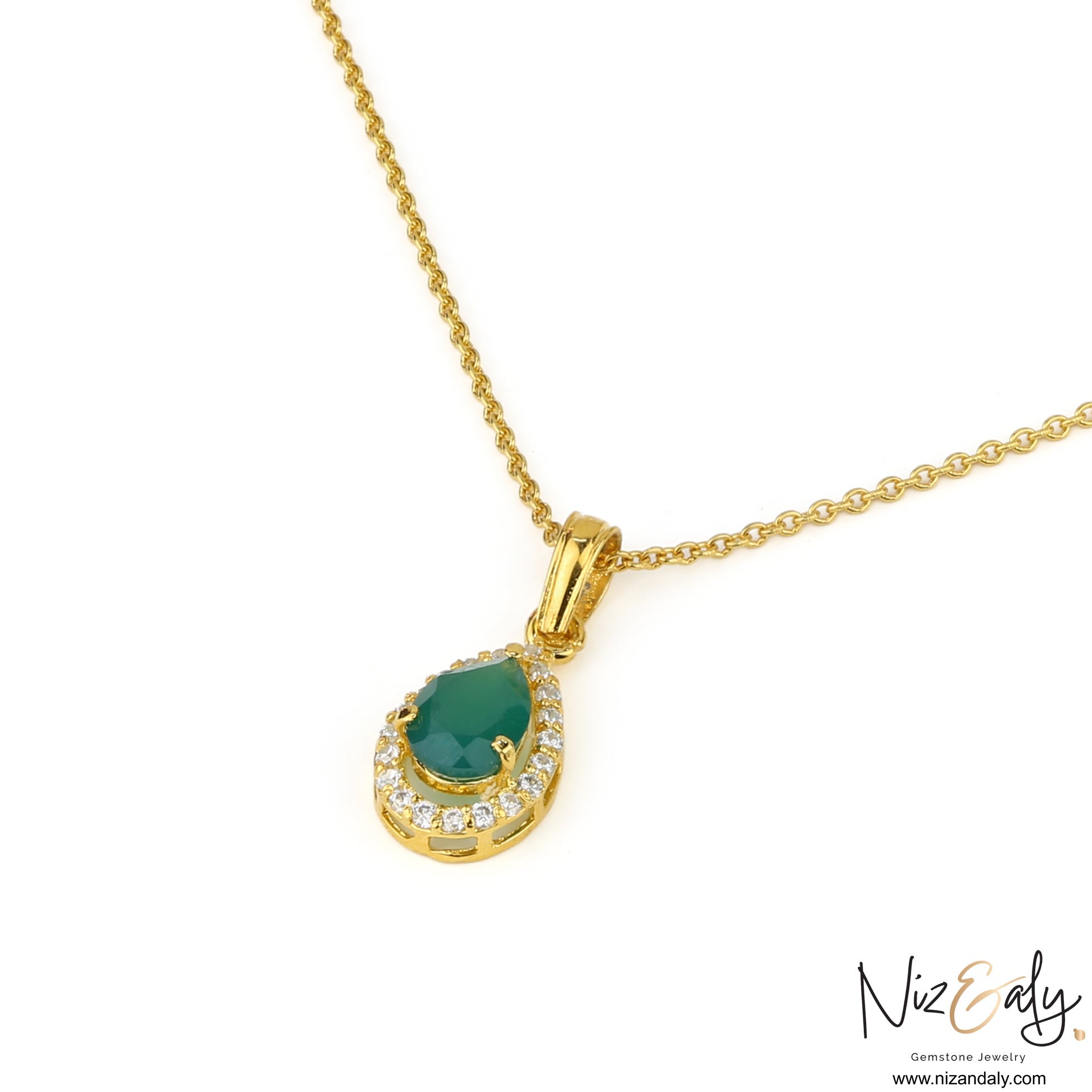 Niz & Aly teardrop natural emerald pendant with diamond accents in gold-plated sterling silver on a delicate chain