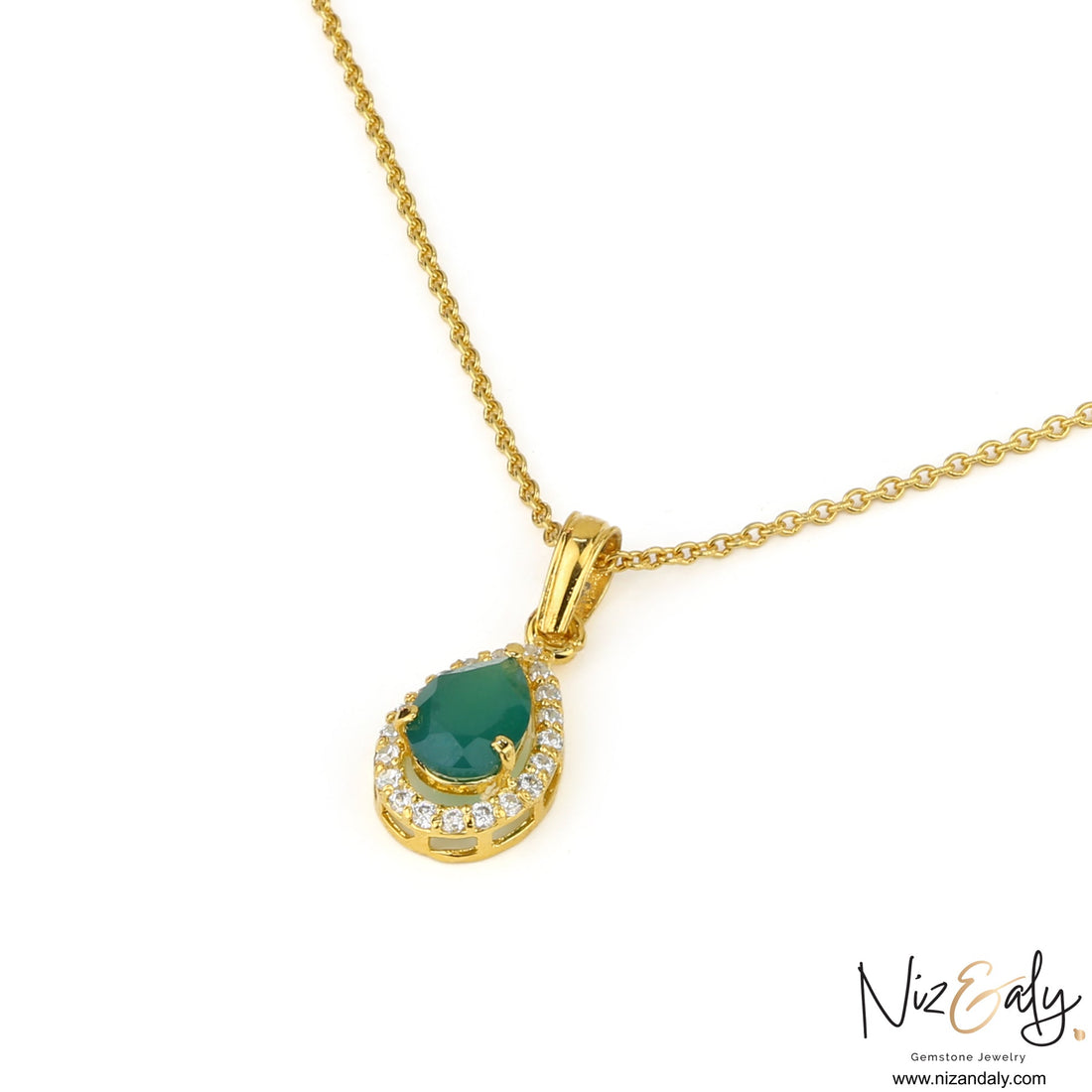 Niz & Aly teardrop natural emerald pendant with diamond accents in gold-plated sterling silver on a delicate chain