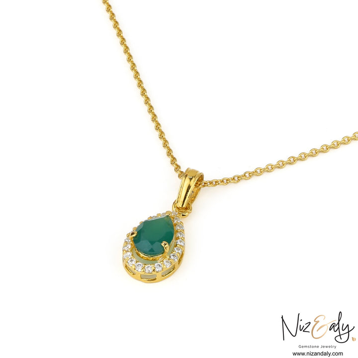 Niz & Aly teardrop natural emerald pendant with diamond accents in gold-plated sterling silver on a delicate chain