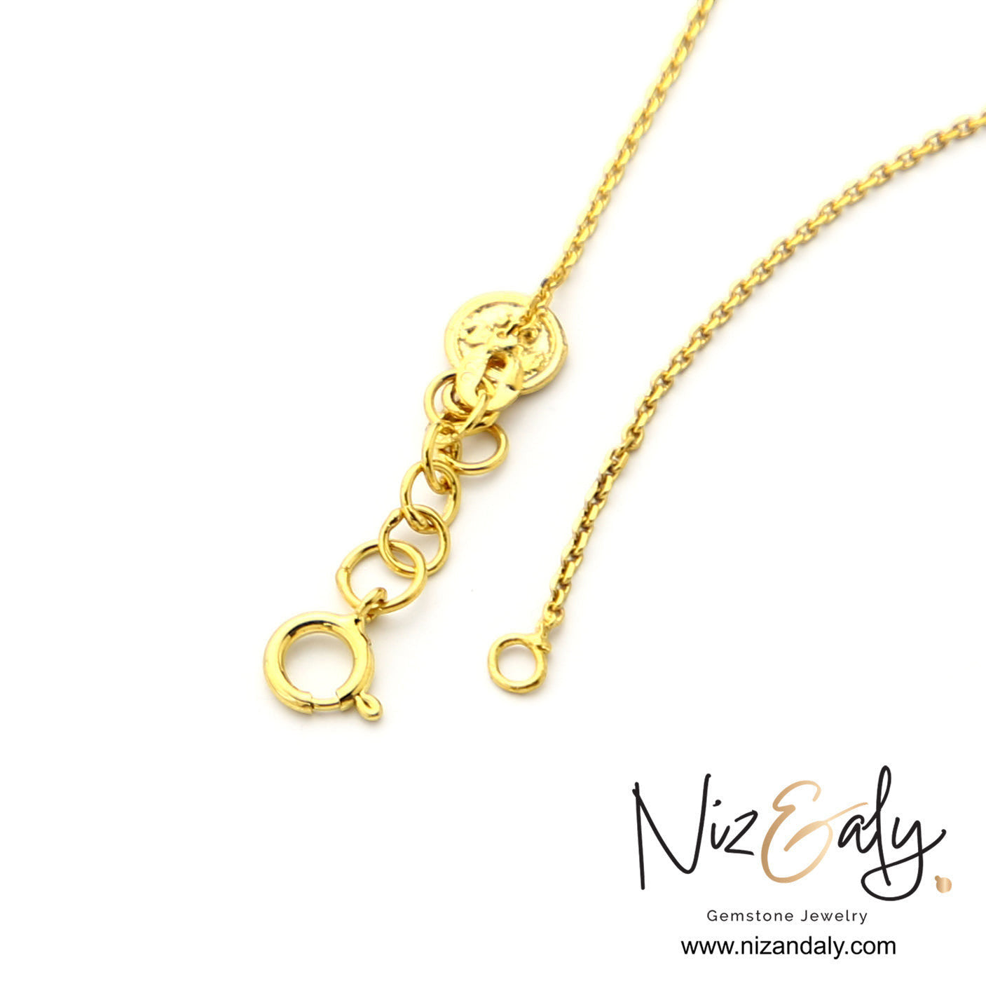 Niz & Aly gold chain necklace clasp and adjustable extender links on a white background