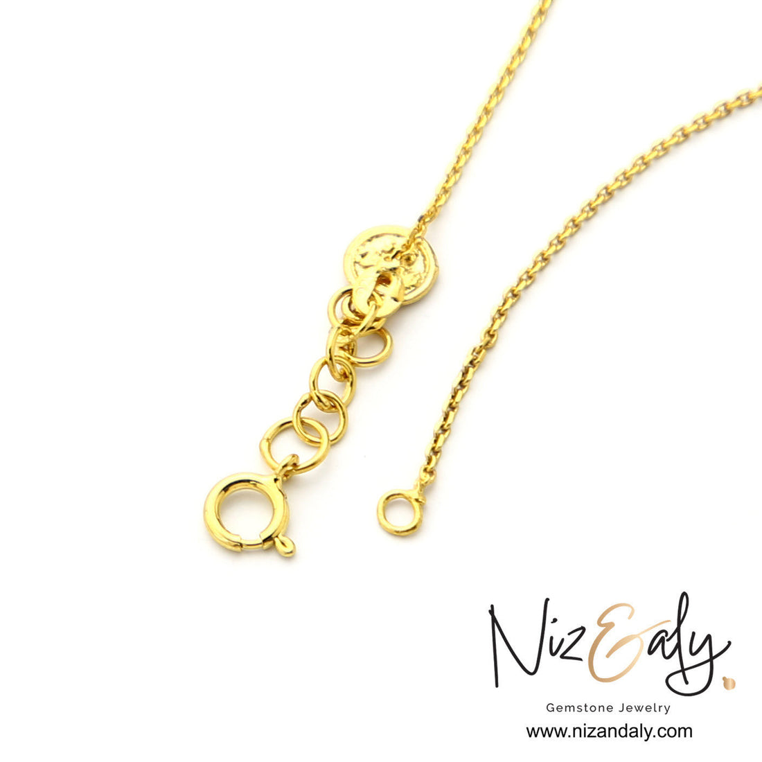 Niz & Aly gold chain necklace clasp and adjustable extender links on a white background