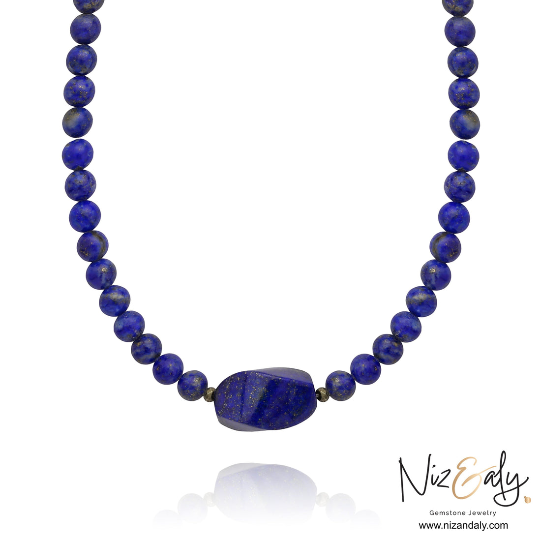 Niz & Aly Lapis Lazuli beaded necklace featuring a central deep blue gemstone with natural golden flecks.