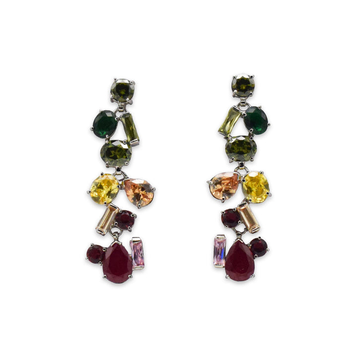 Niz & Aly crystal drop earrings featuring multi-colored gemstones in various shapes set in silver-tone metal.