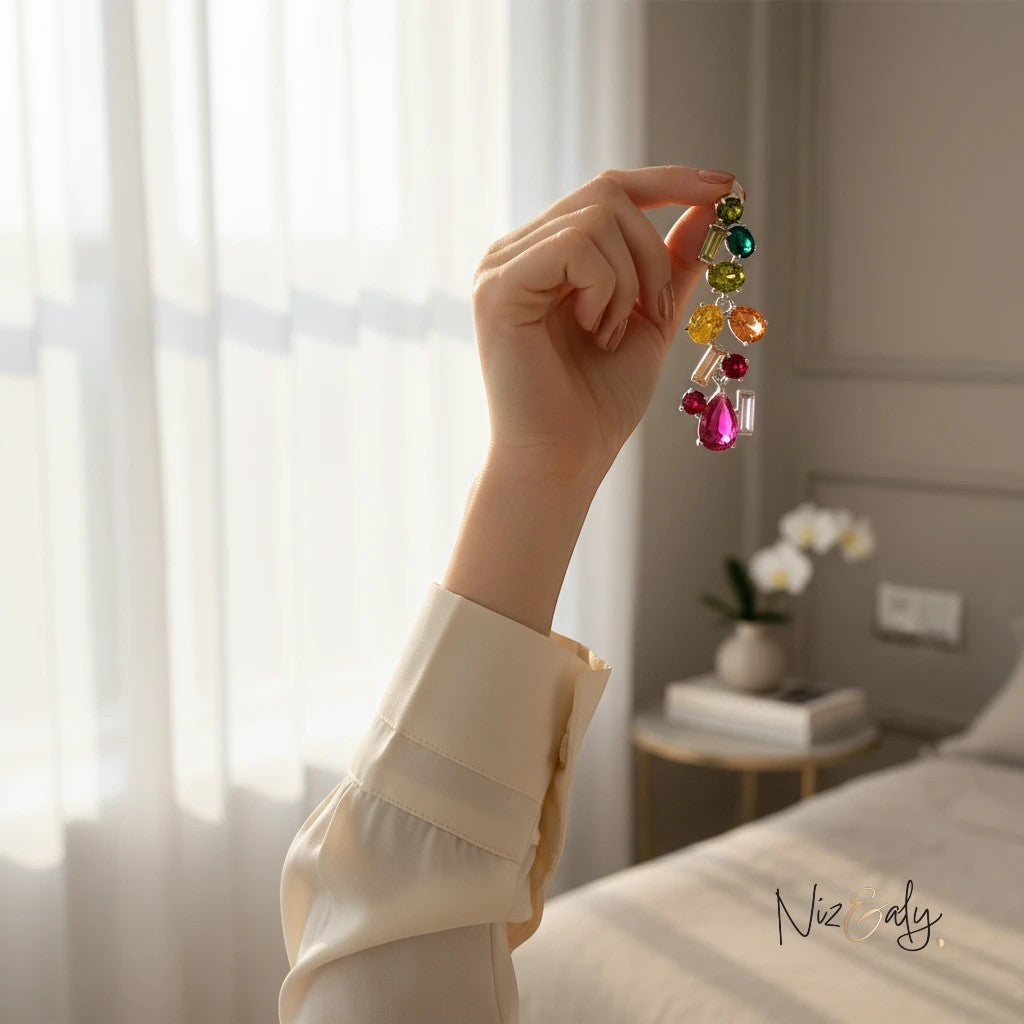 Niz & Aly crystal drop earrings featuring multi-colored faceted stones held by a hand against a bright window