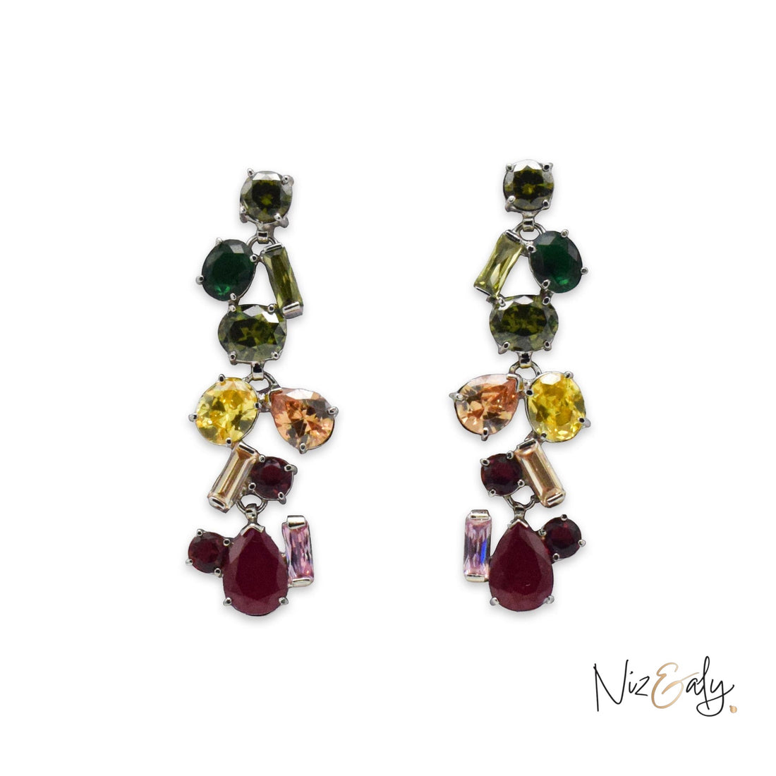 Niz & Aly crystal drop earrings featuring multi-colored gemstones in various shapes set in silver-tone metal.
