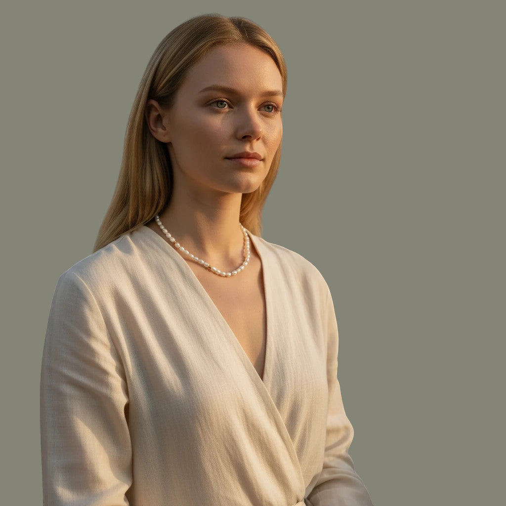 Niz & Aly Pearl Harvest necklace featuring rice-shaped freshwater pearls on a 14-carat gold chain worn by a model