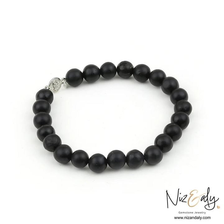 Niz & Aly genuine black Shungite stretch bracelet with a polished 925 sterling silver accent bead