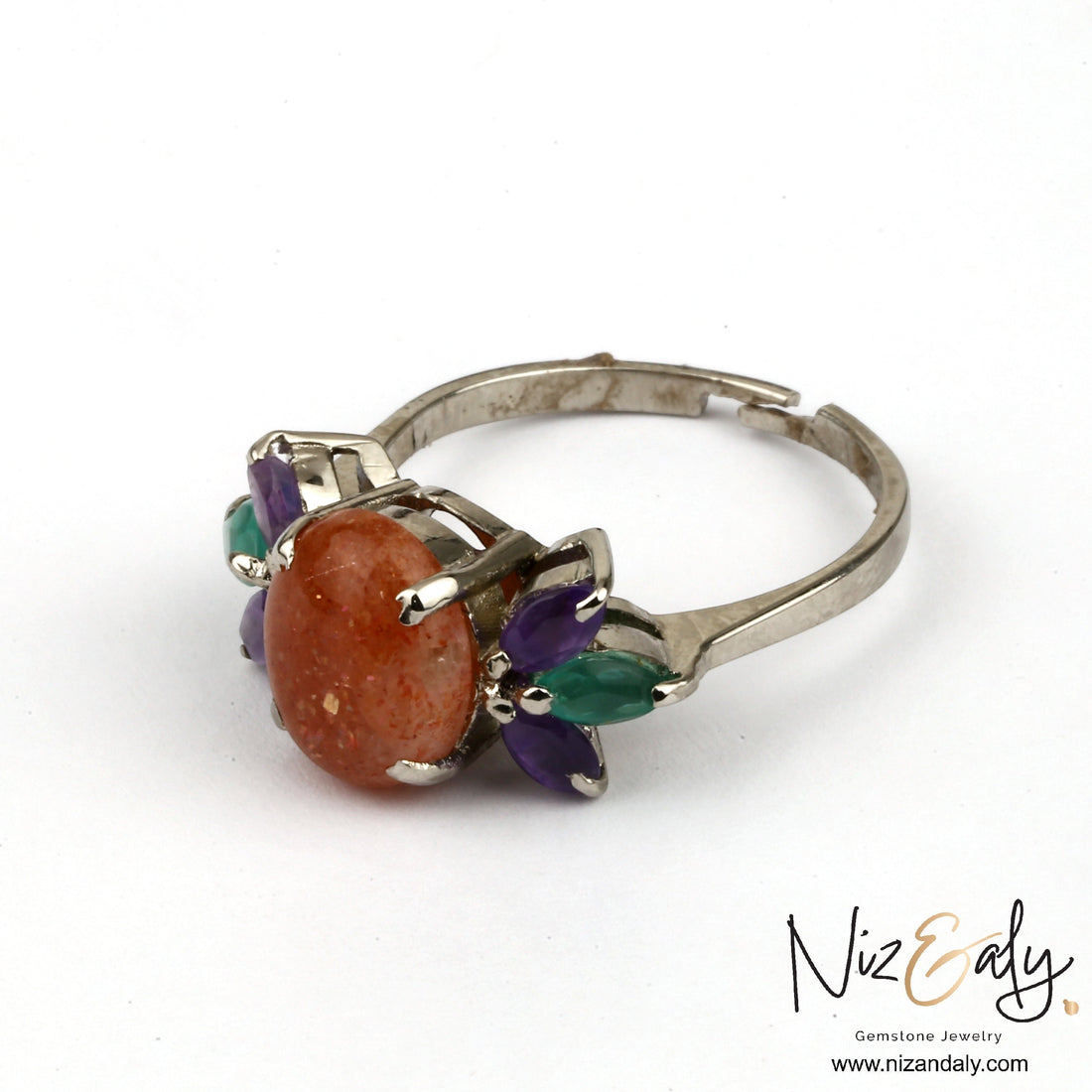 Niz & Aly adjustable 925 sterling silver ring featuring a central sunstone flanked by amethyst and chrysoprase petals.