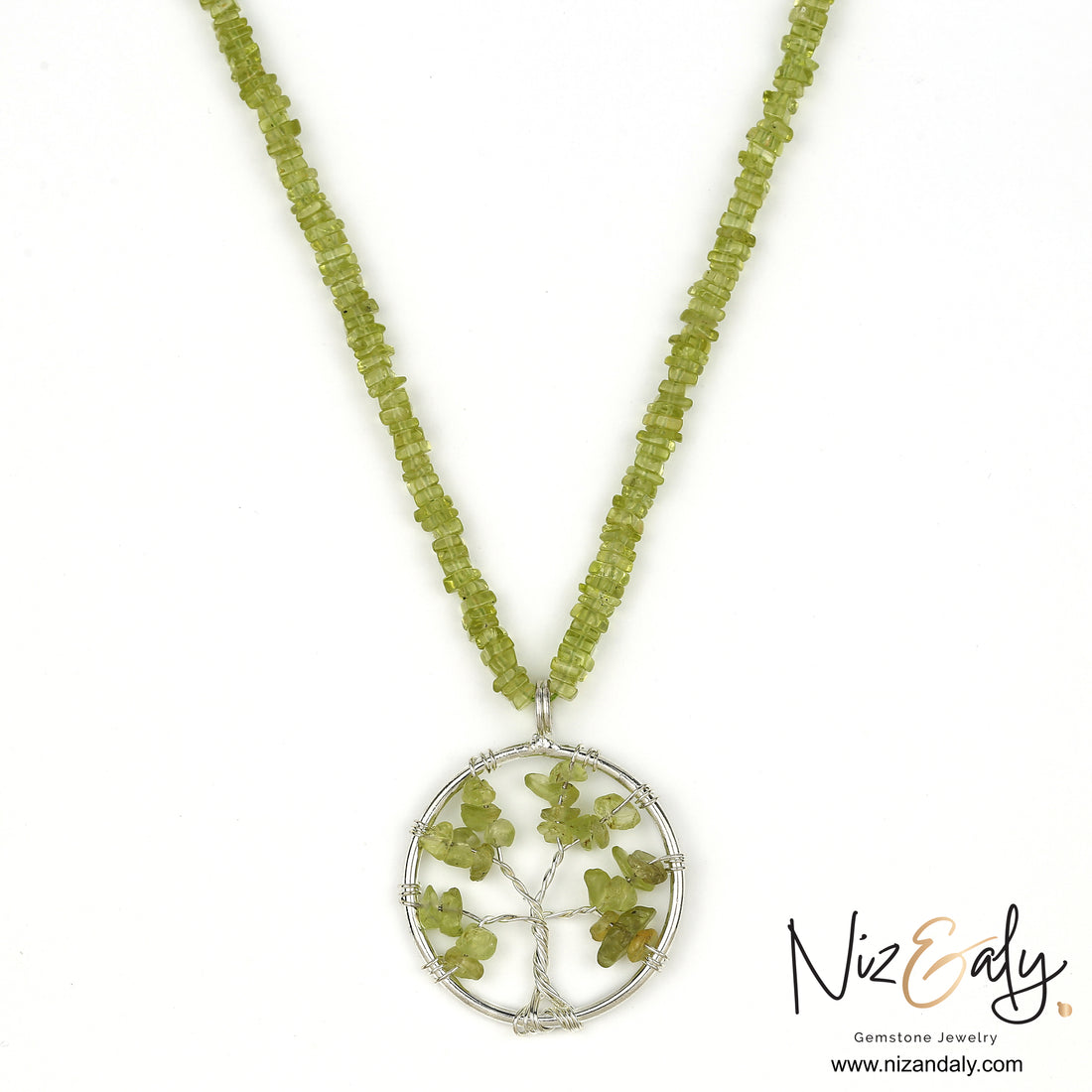 Peridot tree pendant necklace with green gemstone beads and 14 inch strand