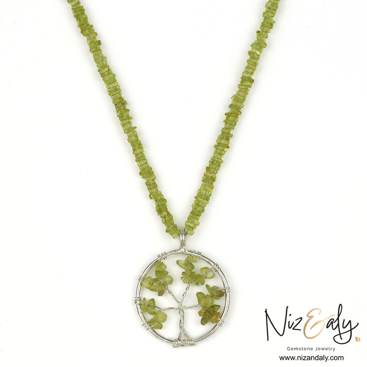 Peridot tree pendant necklace with green gemstone beads and 14 inch strand