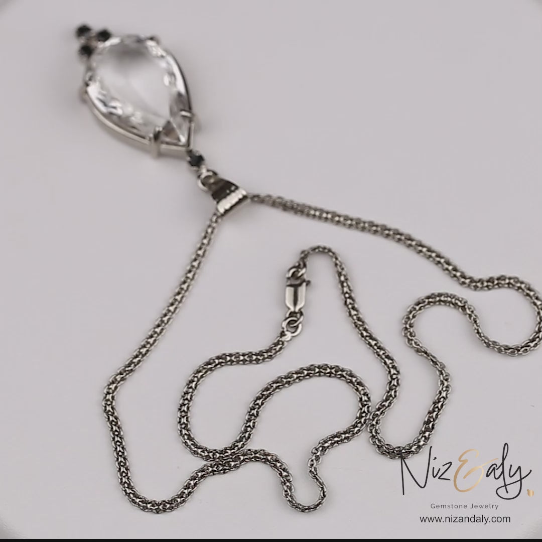 Faceted Drop Clear Quartz and Black Onyx  Pendant in 925 Silver.