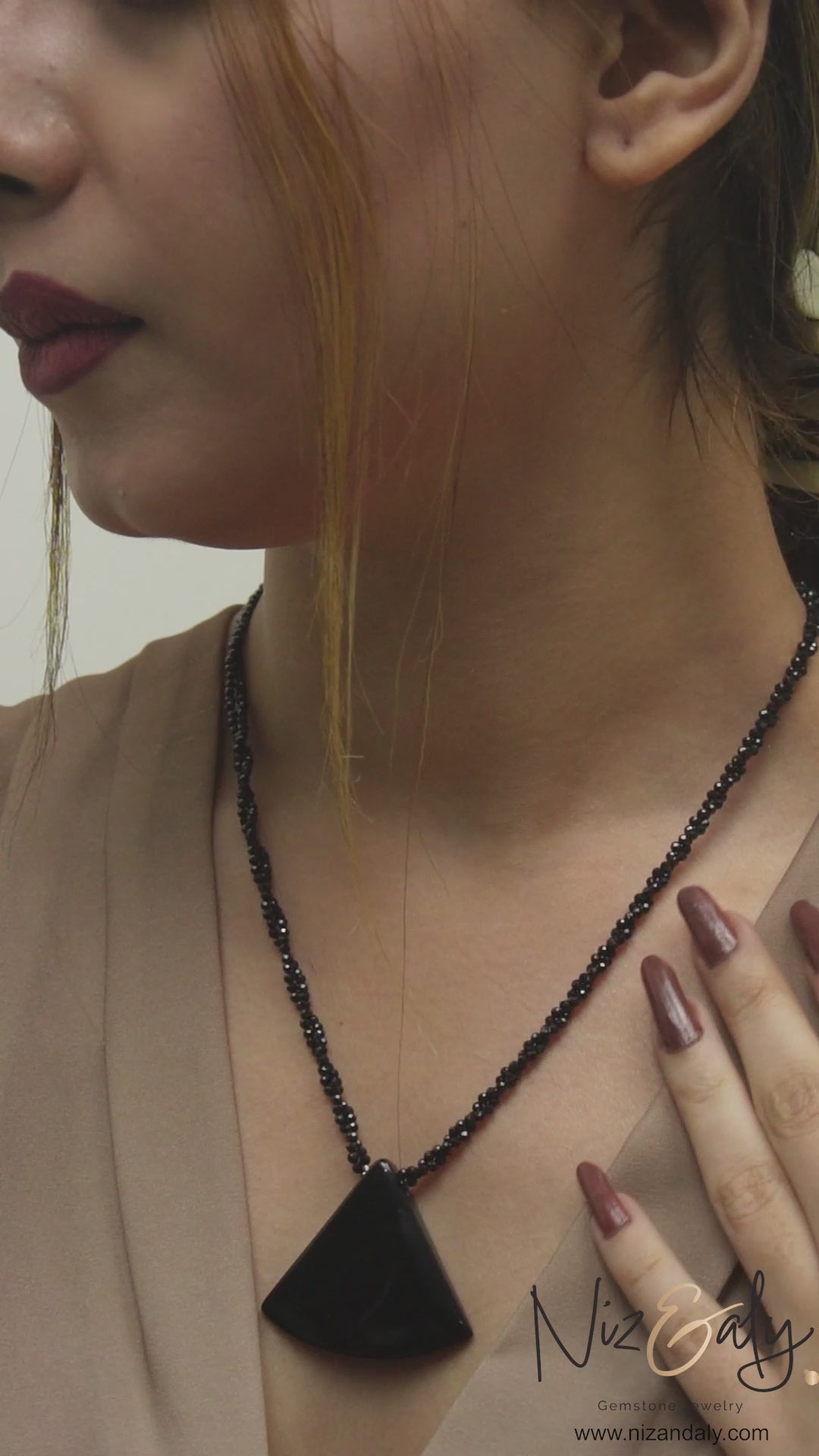 Triangular Agate Pendant Necklace on Twisted Black Onyx – Agate Eclipse Gemstone Strand