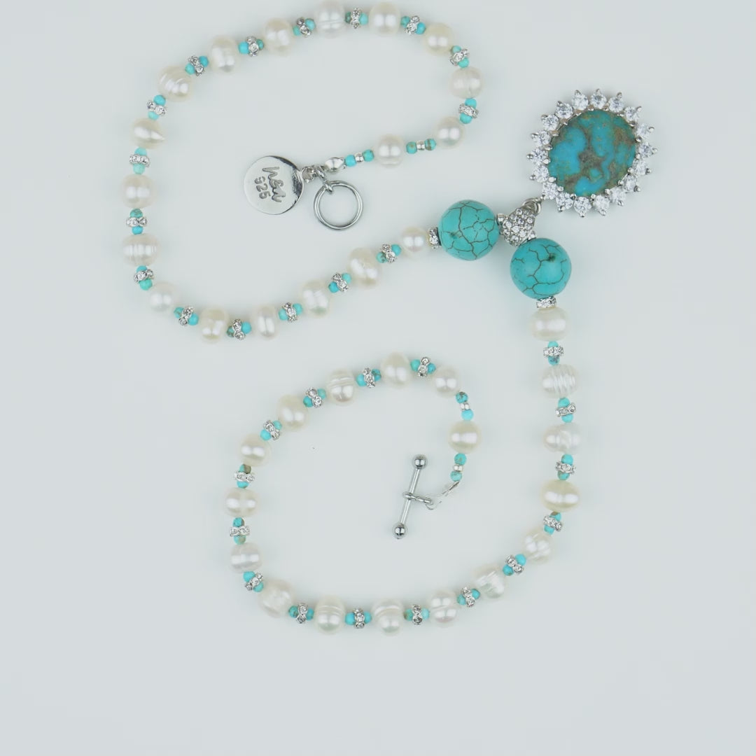 Sky Vein-Kingman Turquoise Pendant in Pearl  Necklace