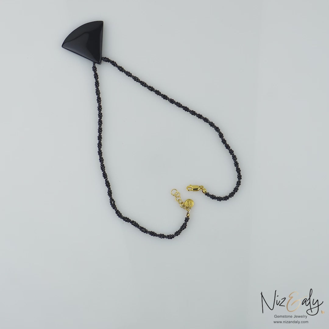 Triangular Agate Pendant Necklace on Twisted Black Onyx – Agate Eclipse Gemstone Strand