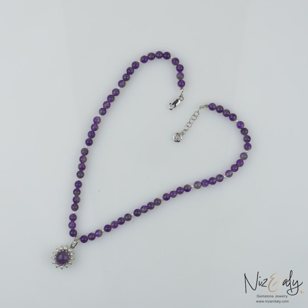 Amethyst and Pearls Pendant  in Beaded Necklace