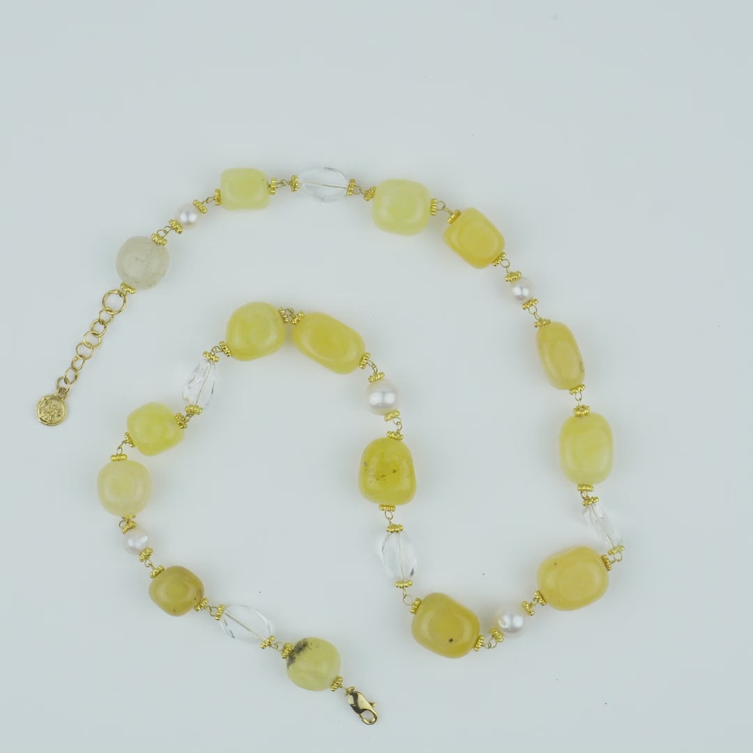 Natural lemon Chiffon Jade and Icy Quartz  with Fresh Water Pearl Bead Necklace