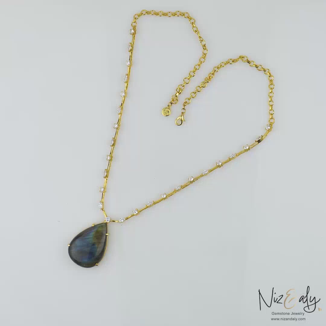 "Midnight Oracle- Labradorite Pendant in Studded Necklace"