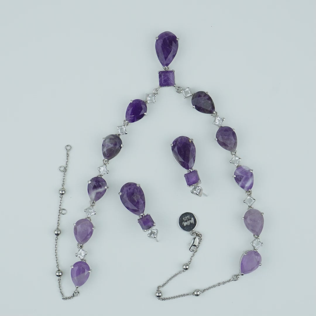 Stunning Droplet Cut Amethyst and Clear Quartz Necklace Set