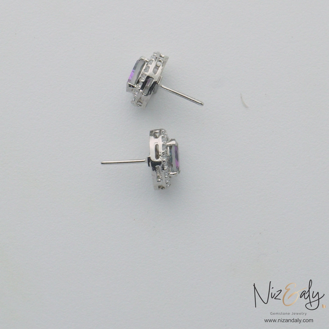 Natural Lilac Kunzite Halo Stud Earrings – Genuine Gemstone Lavender Crystal