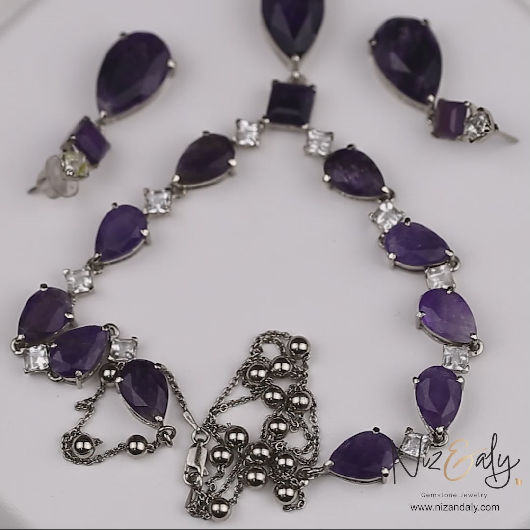 Stunning Droplet Cut Amethyst and Herkimer Diamond Necklace Set