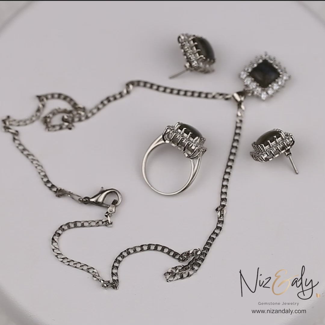 Blue Fire Square Labradorite Pendant Set.