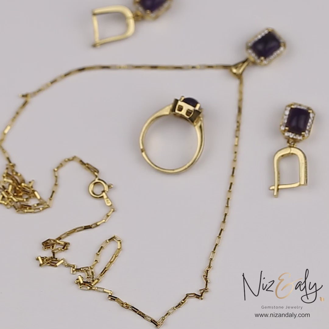 Cushion cut  Dark Amethyst Drop Pendant Set