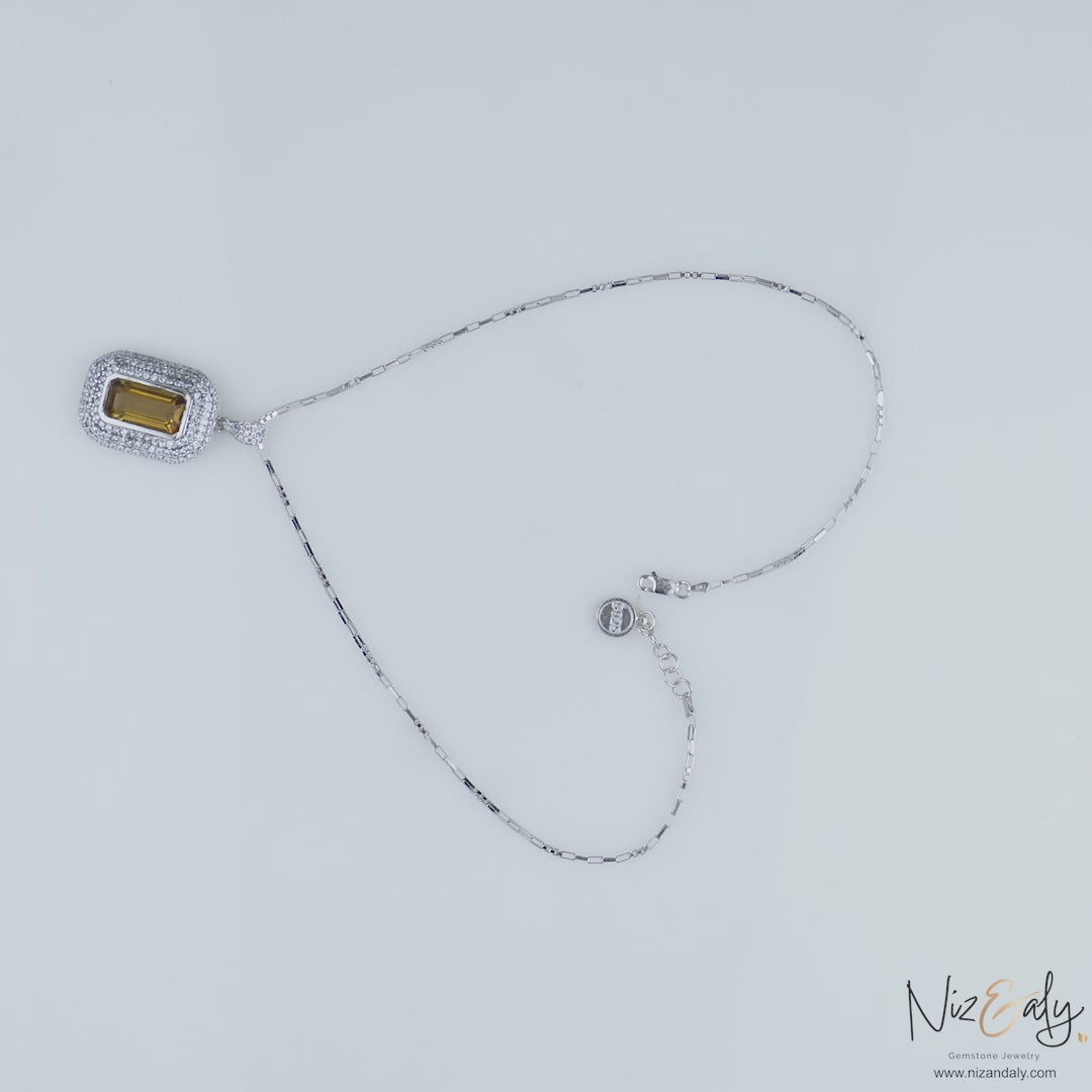 Yellow Amethyst Halo Pendant Necklace in Sterling Silver | Emerald Cut Yellow Amethyst
