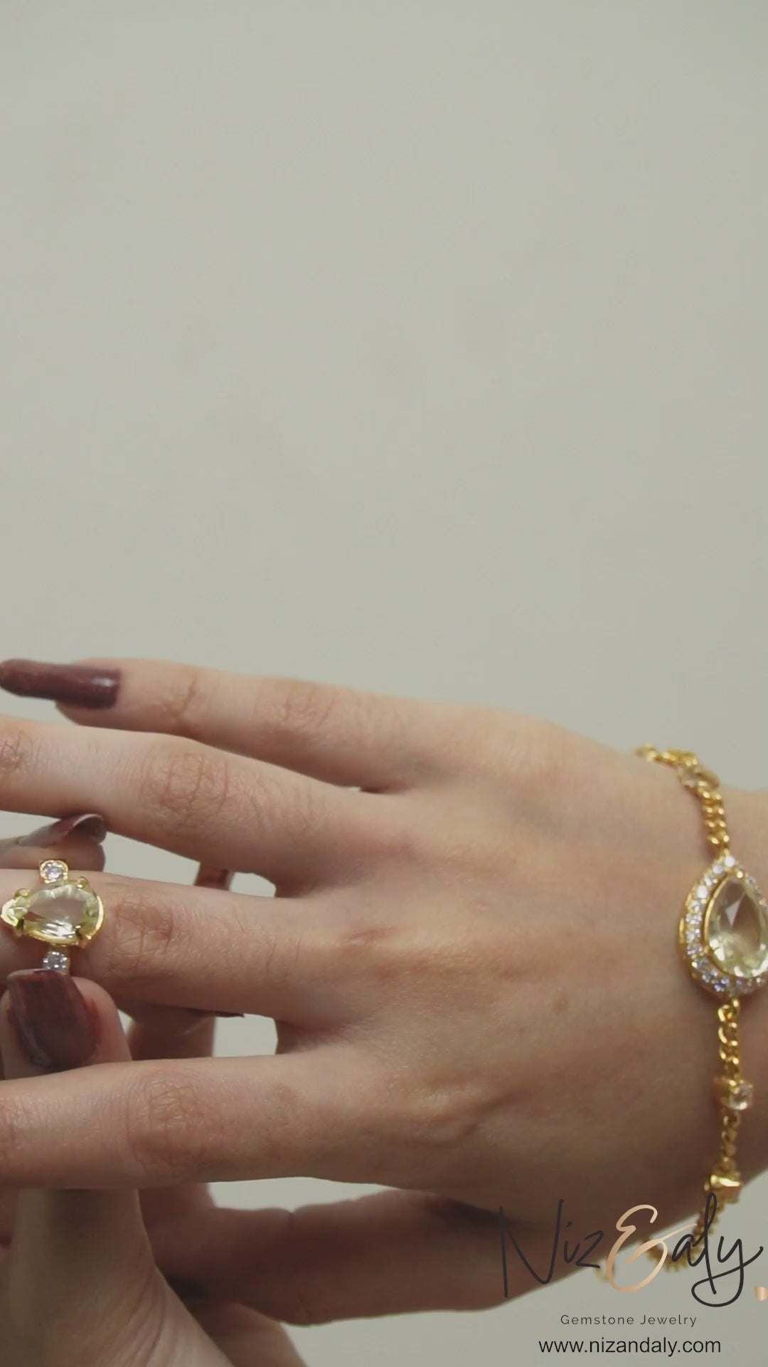 Gold Plated TearDrop shaped  Clear Quartz Pendant Set with Bracelet -Golden Cascade