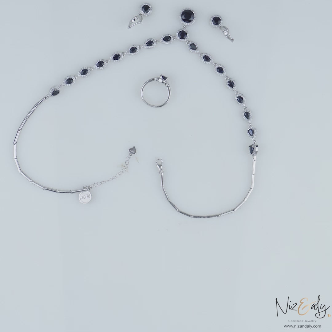 Blue Sapphire Jewelry Set | Sterling Silver Necklace, Earrings & Ring for Women