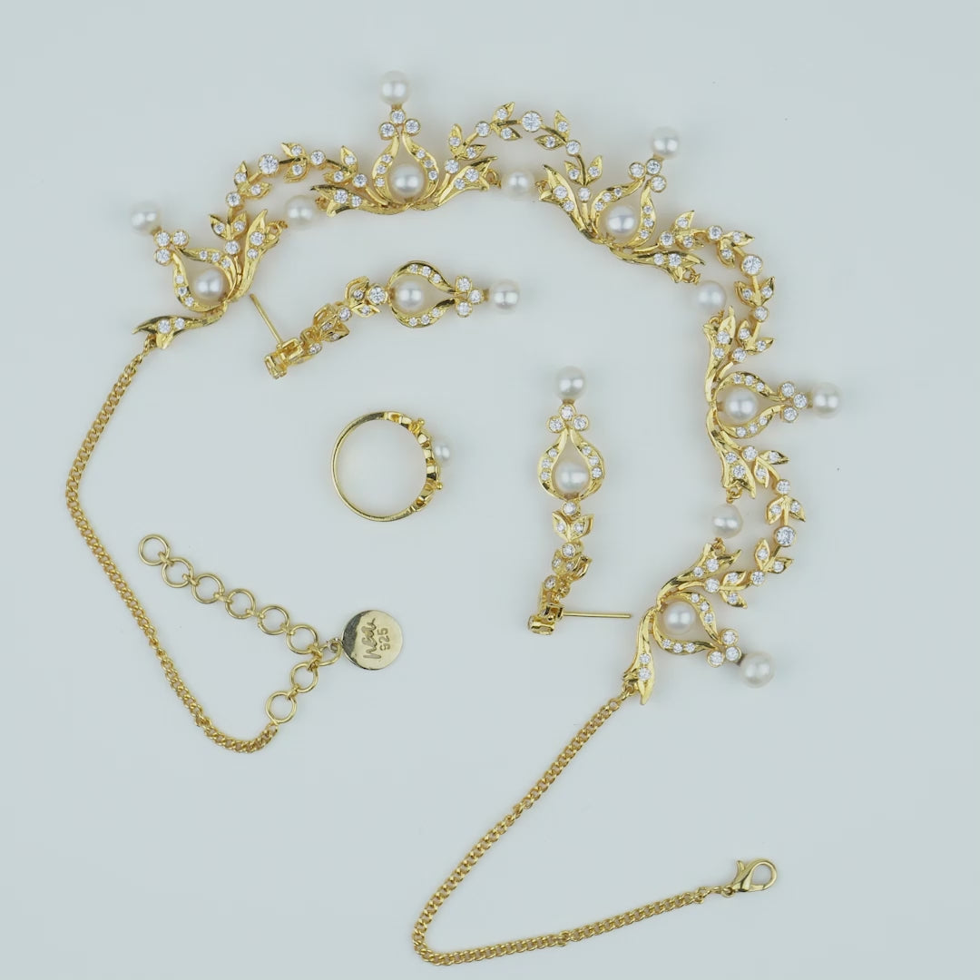 Classic Bridal Fresh Water Pearl Necklace Set in Sterling Silver (Gold Plated)