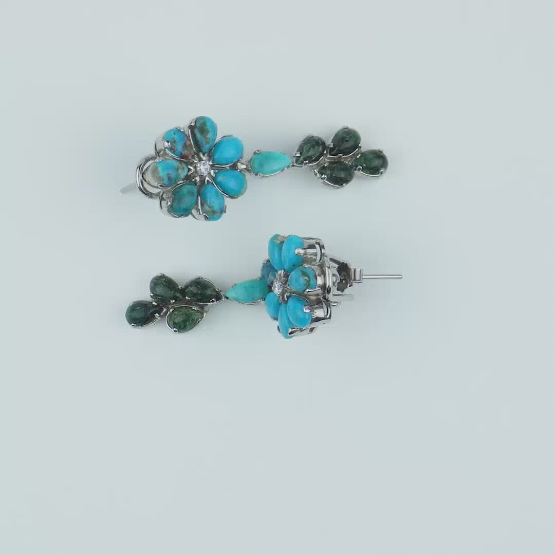 AZ Kingman Oval Blue and Green Turquoise Flower Ear Drop-Sky & Earth Petals