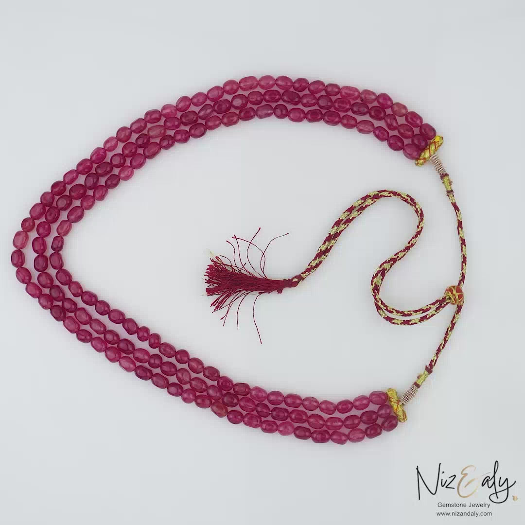Translucent Cherry Quartz Triple Strand Beaded Necklace – Bold Multi‑Layer Gemstone Statement