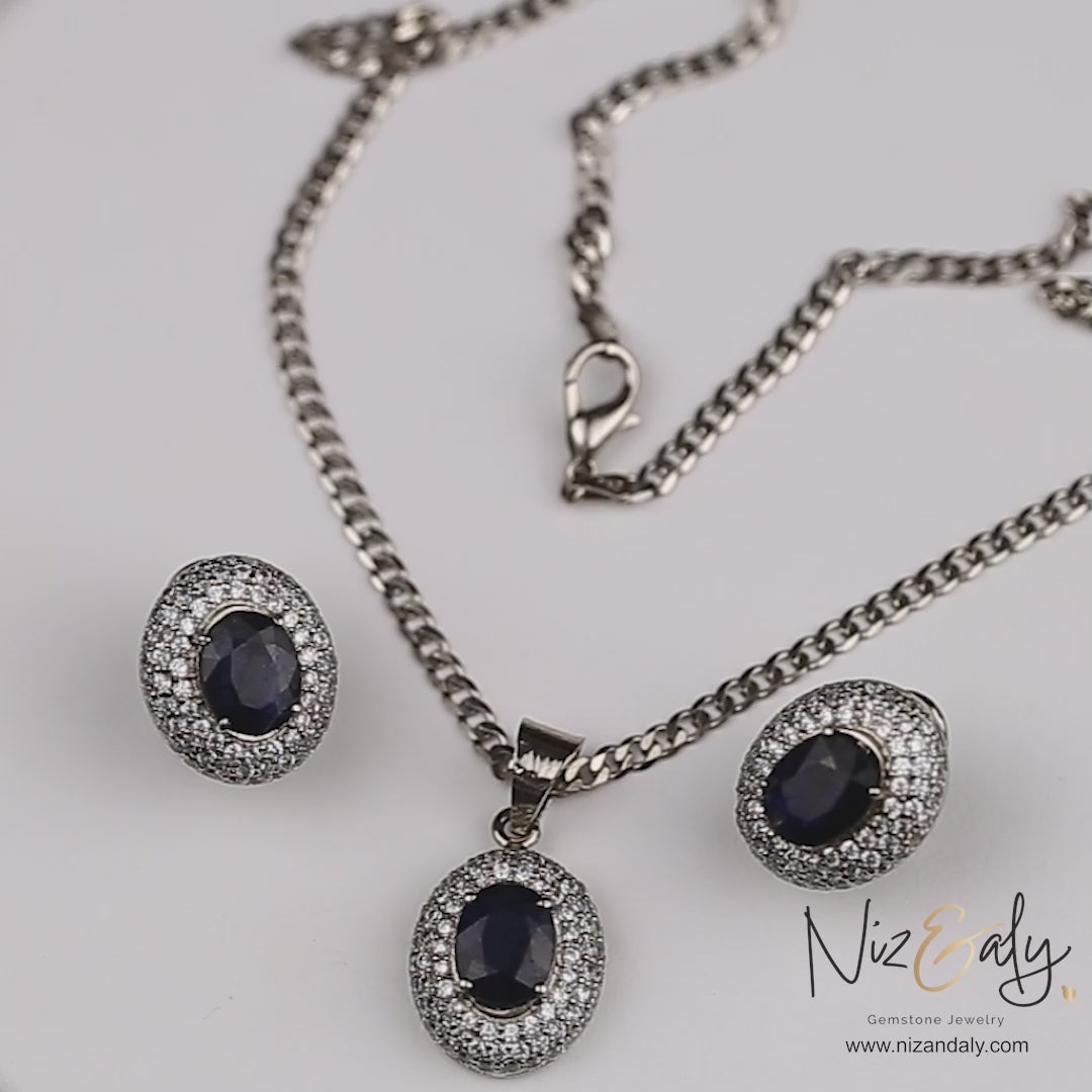 Blue Sapphire Pendant and Ear Stud Set