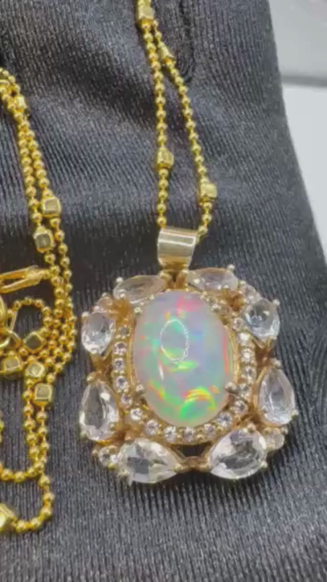 Natural  Ethiopian Opal & Clear Quartz Jewelry Set | Gold-Plated Pendant Necklace & Matching Earrings