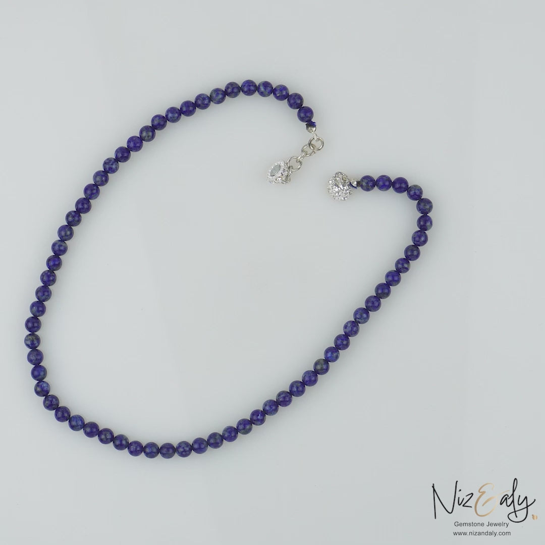 Dark Blue Lapis Lazuli Elegant Beaded Necklace with Magnetic Clasp