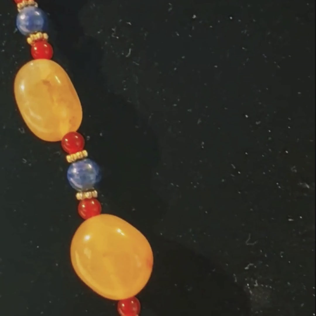 Yellow Agate, Carnelian & Lapis Beaded Necklace