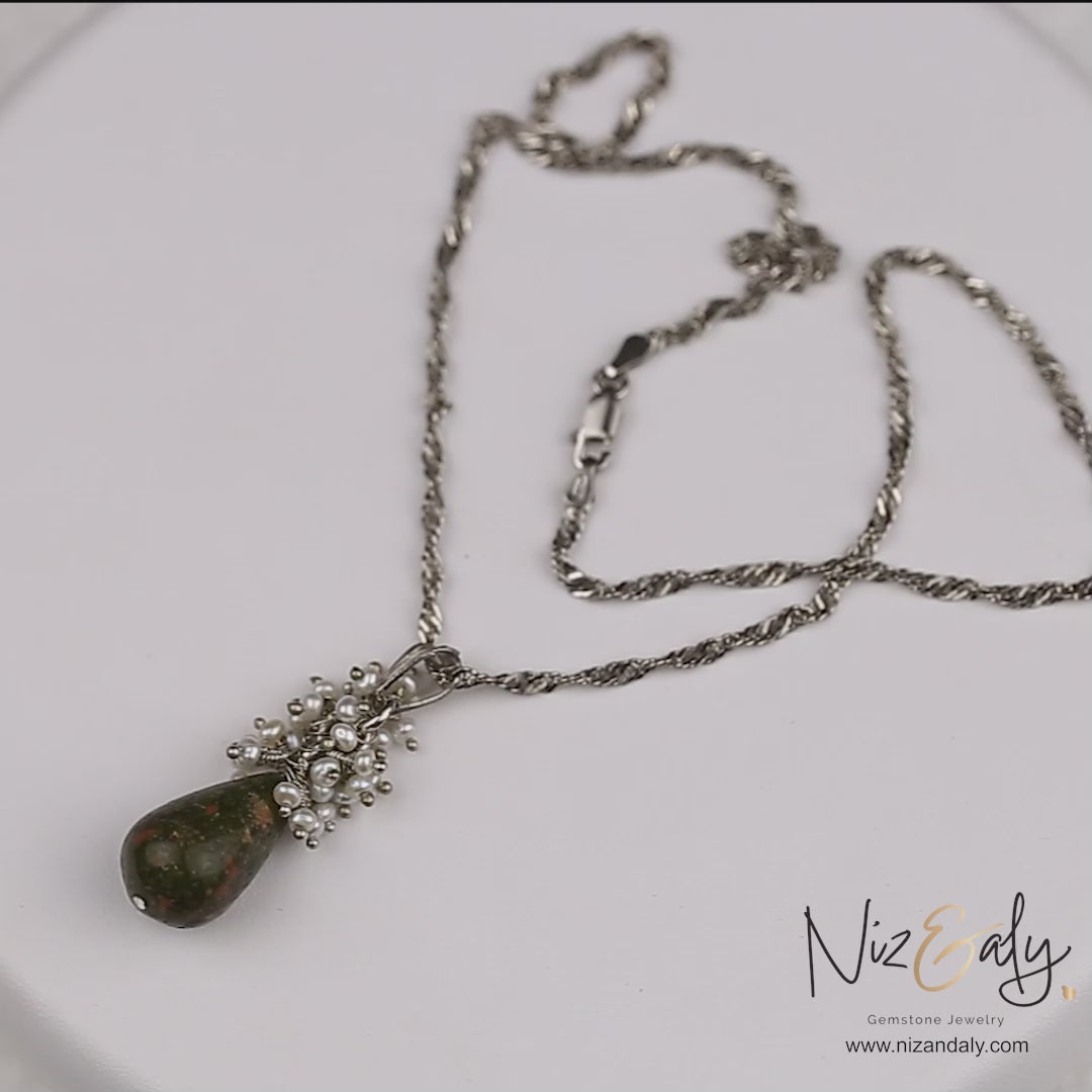 Unakite Jasper and Dainty Pearl Drop Pendant Necklace
