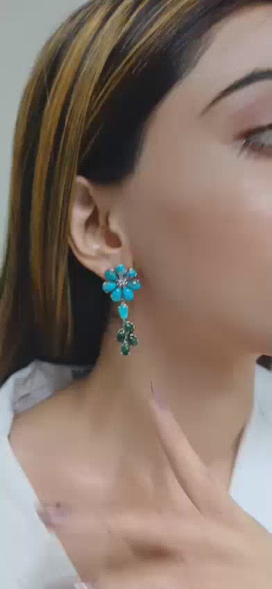 AZ Kingman Oval Blue and Green Turquoise Flower Ear Drop-Sky & Earth Petals