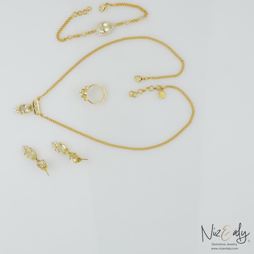 Gold Plated TearDrop shaped  Clear Quartz Pendant Set with Bracelet -Golden Cascade