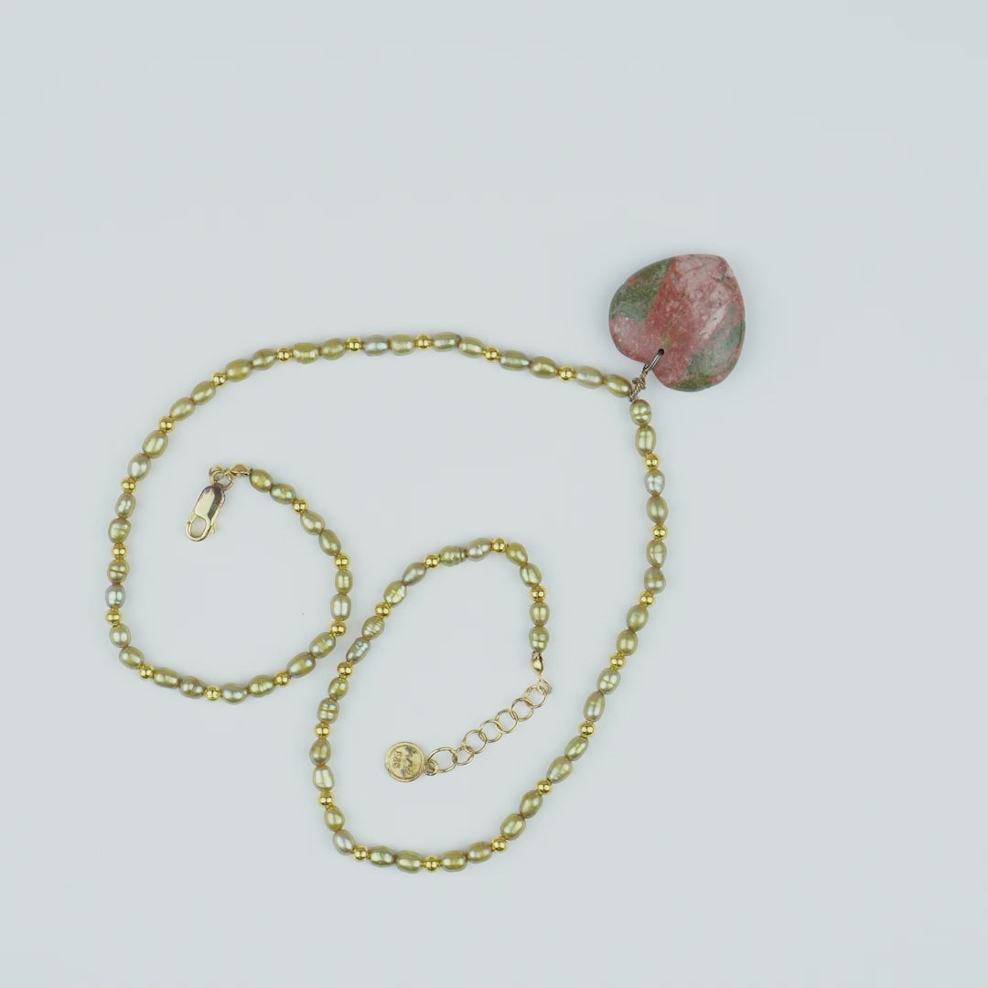 Unakite Jasper Heart in Golden Pearl Strand Necklace