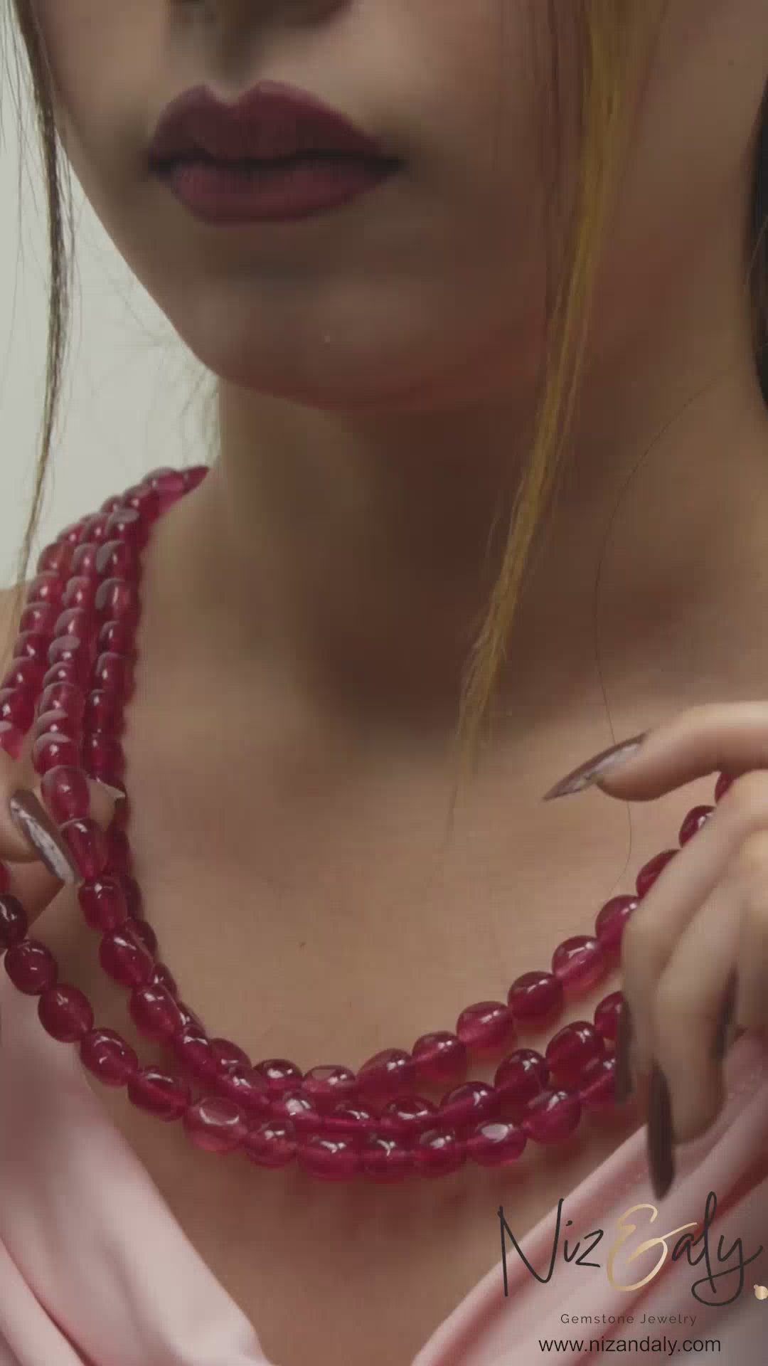 Translucent Cherry Quartz Triple Strand Beaded Necklace – Bold Multi‑Layer Gemstone Statement