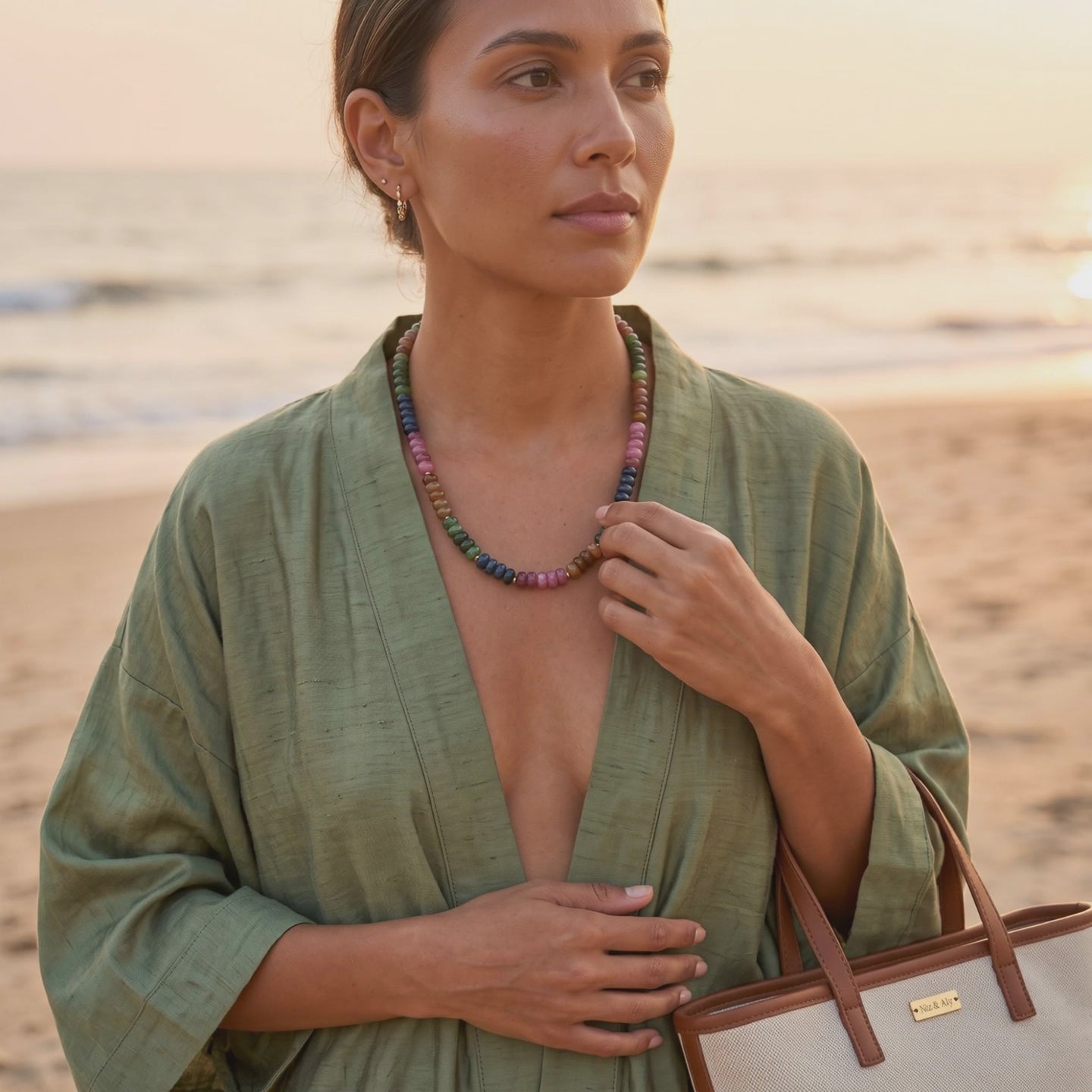 Multicolored Oval Jade  Quartz Necklace